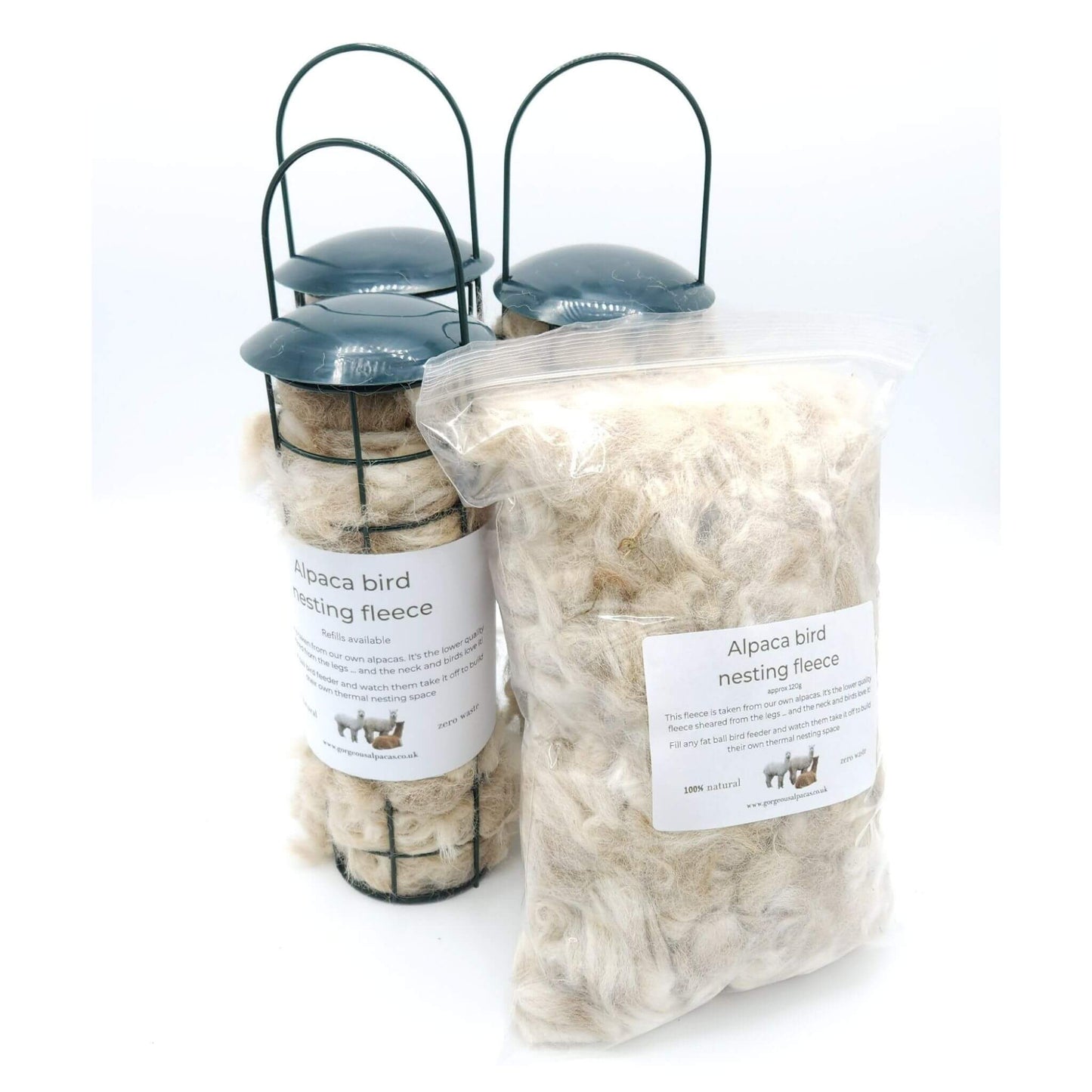 Complete bird nesting kit showing filled feeder and refill bag - natural alpaca fleece bundle