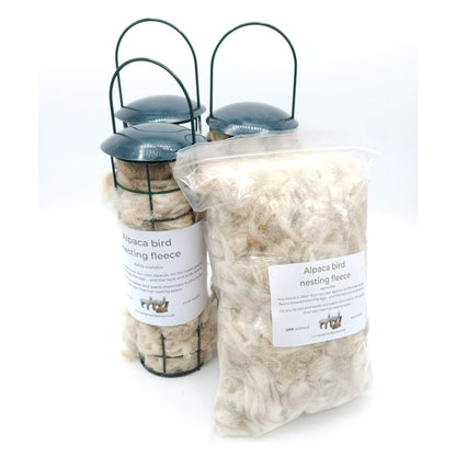 Complete bird nesting kit showing filled feeder and refill bag - natural alpaca fleece bundle