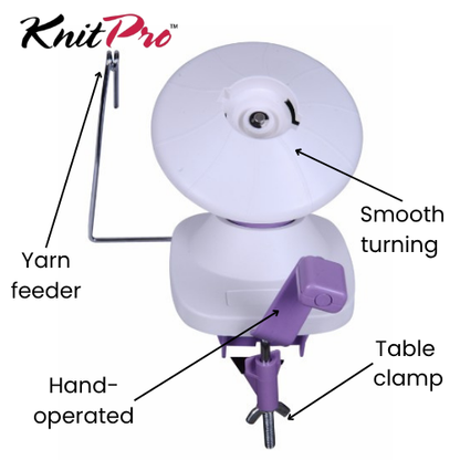 KnitPro yarn winder with labeled parts on a white background