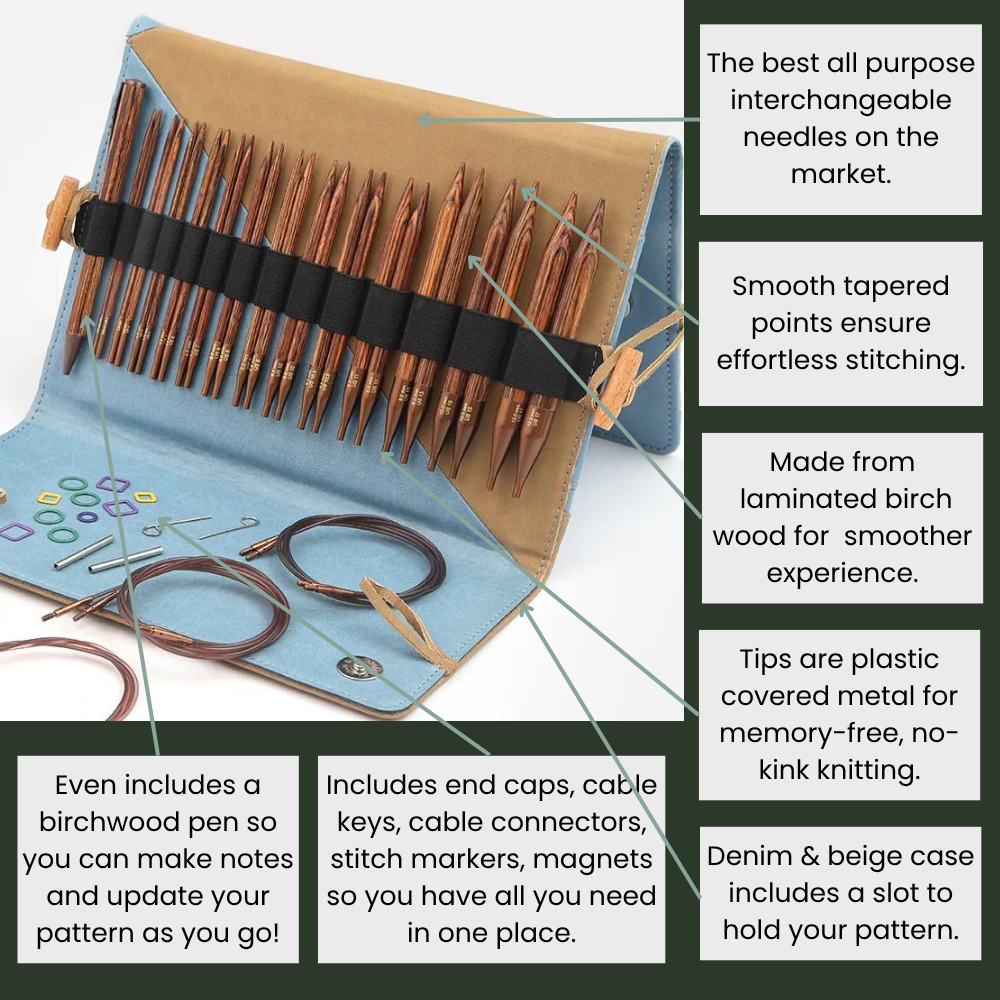 Set of interchangeable knitting needles with a denim case and additional tools, featuring text on benefits.