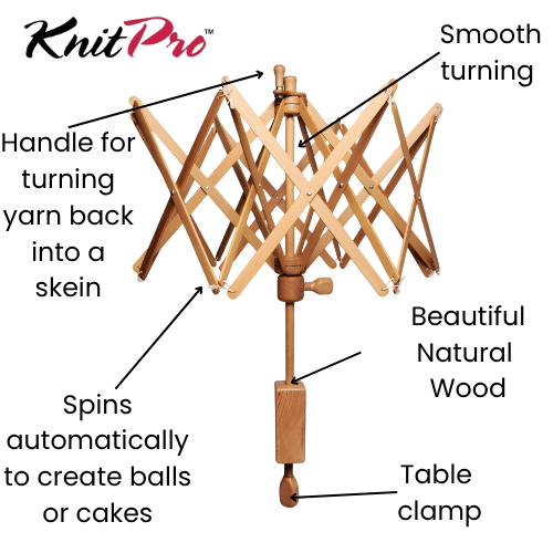 Wooden swift skein winderer with features labeled on a white background