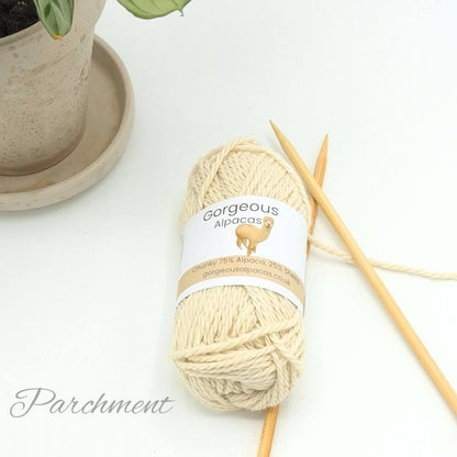 Chunky alpaca yarn from British & Irish alpaca farms shown here in Parchment,