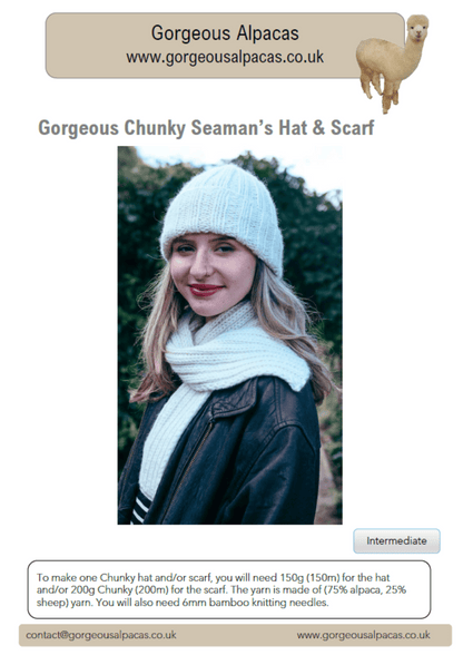 Model wearing chunky alpaca Seaman's hat and scarf knitted from Gorgeous Alpacas pattern – shown in Parchment.