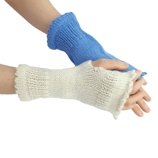 Alpaca wool wristwarmer knitting kit shown here in Parchment and Sky Blue