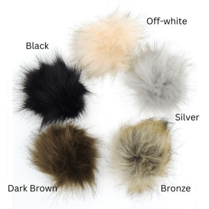 Faux fur pompoms in off-white, silver, bronze, dark brown, or black