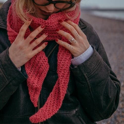 Model wearing Gorgeous Alpacas Restful Lacy scarf knitted in DK weight alpaca wool