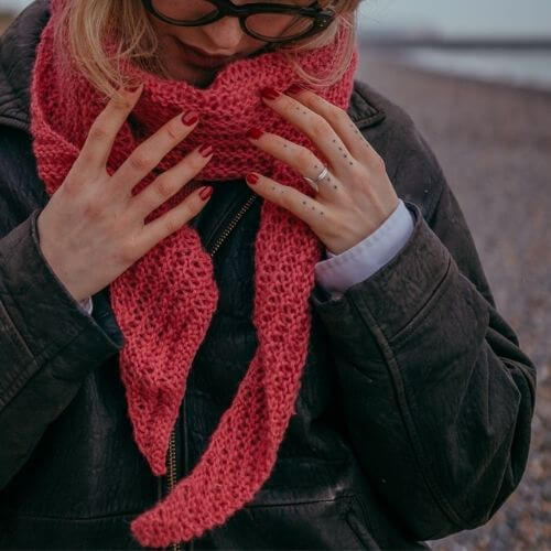 Close up of the Gorgeous Alpacas Lacy Scarf knitting kit shown here in Rose Pink Gorgeous Alpacas wool (75% alpaca, 25% wool) from British and Irish farms.