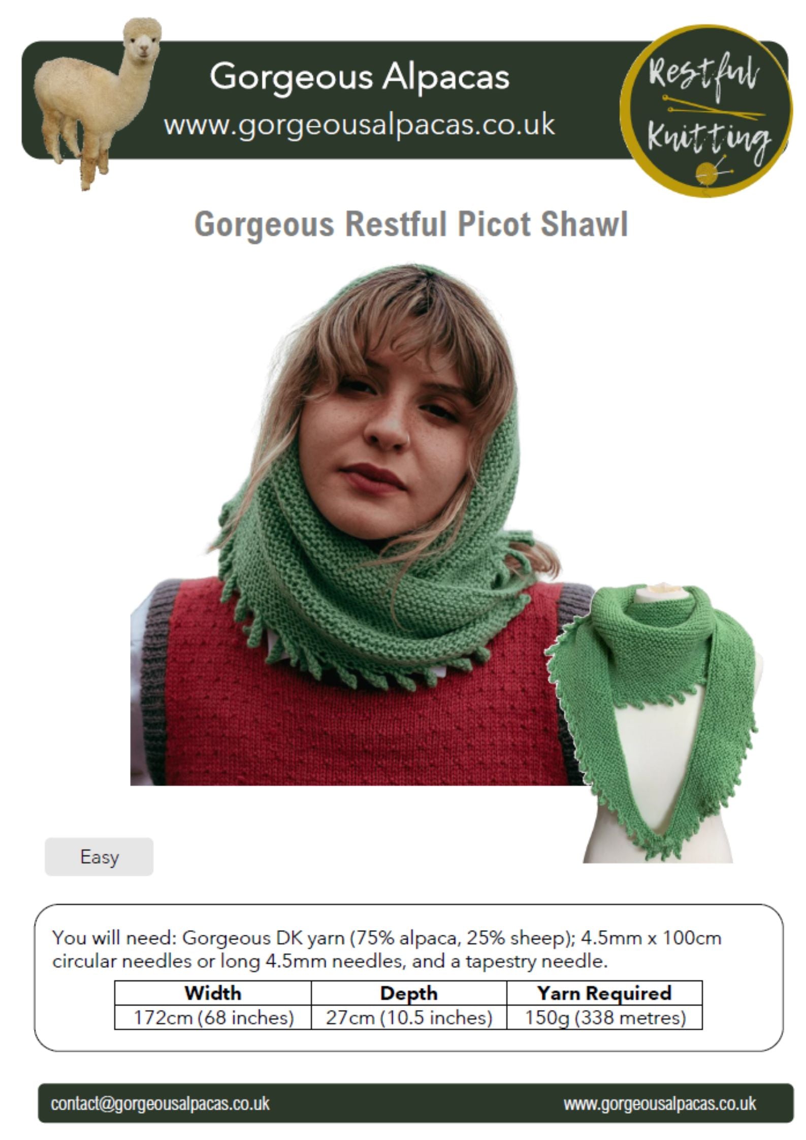 Pattern front page for the Gorgeous Alpaca Restful Picot Shawl in alpaca wool from British & Irish farms