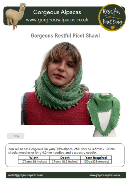 Pattern front page for the Gorgeous Alpaca Restful Picot Shawl in alpaca wool from British & Irish farms