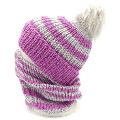 Alpaca wool knitting kit for the family ribbed striped hat shown here in Lilac and lunar grey with a silver pompom