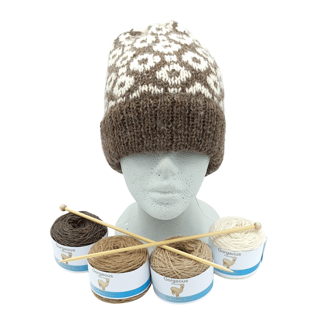 Alpaca wool knitting kit hat shown here in speckledy grey and parchment