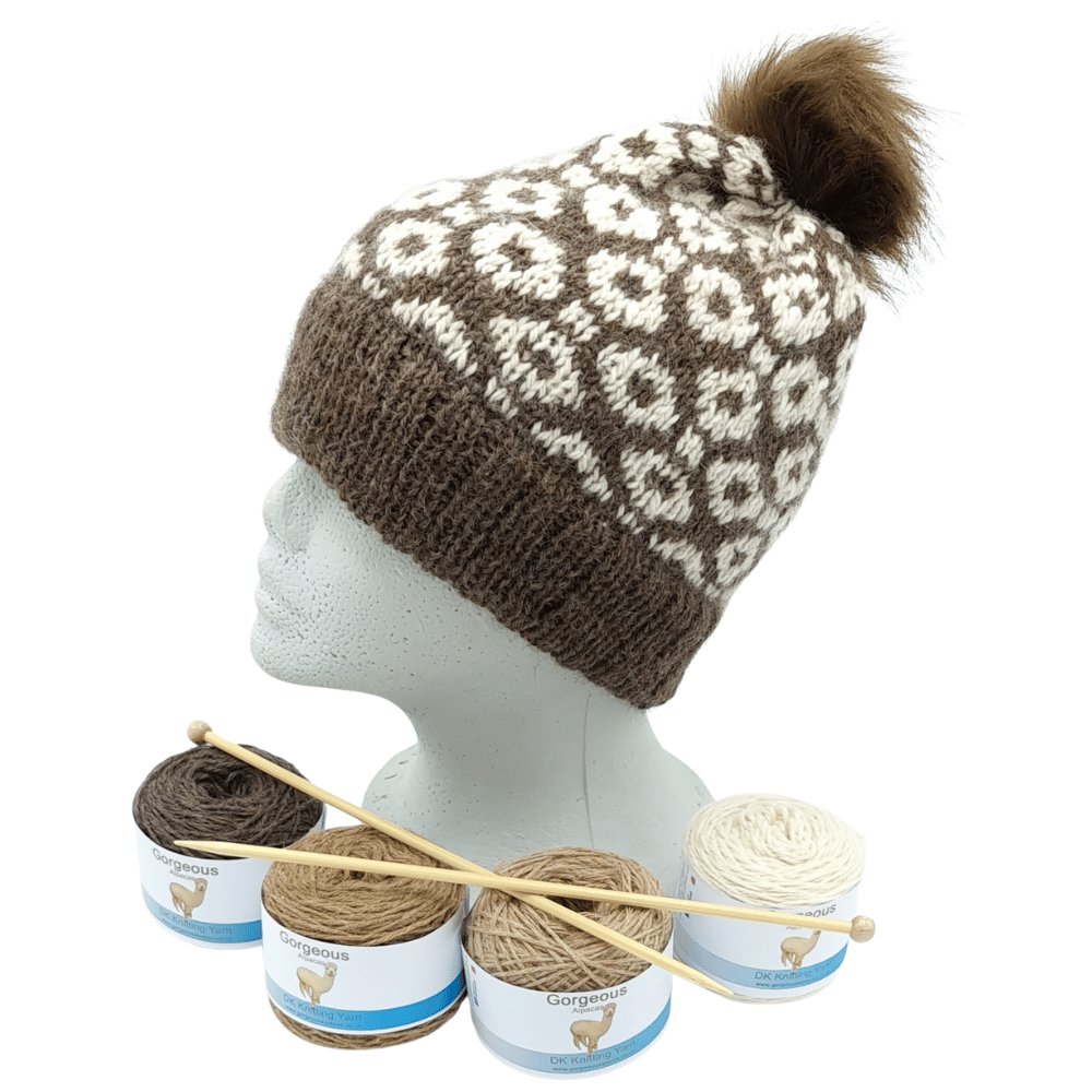 Alpaca wool hat knitting kit shown here in speckledy grey and parchment