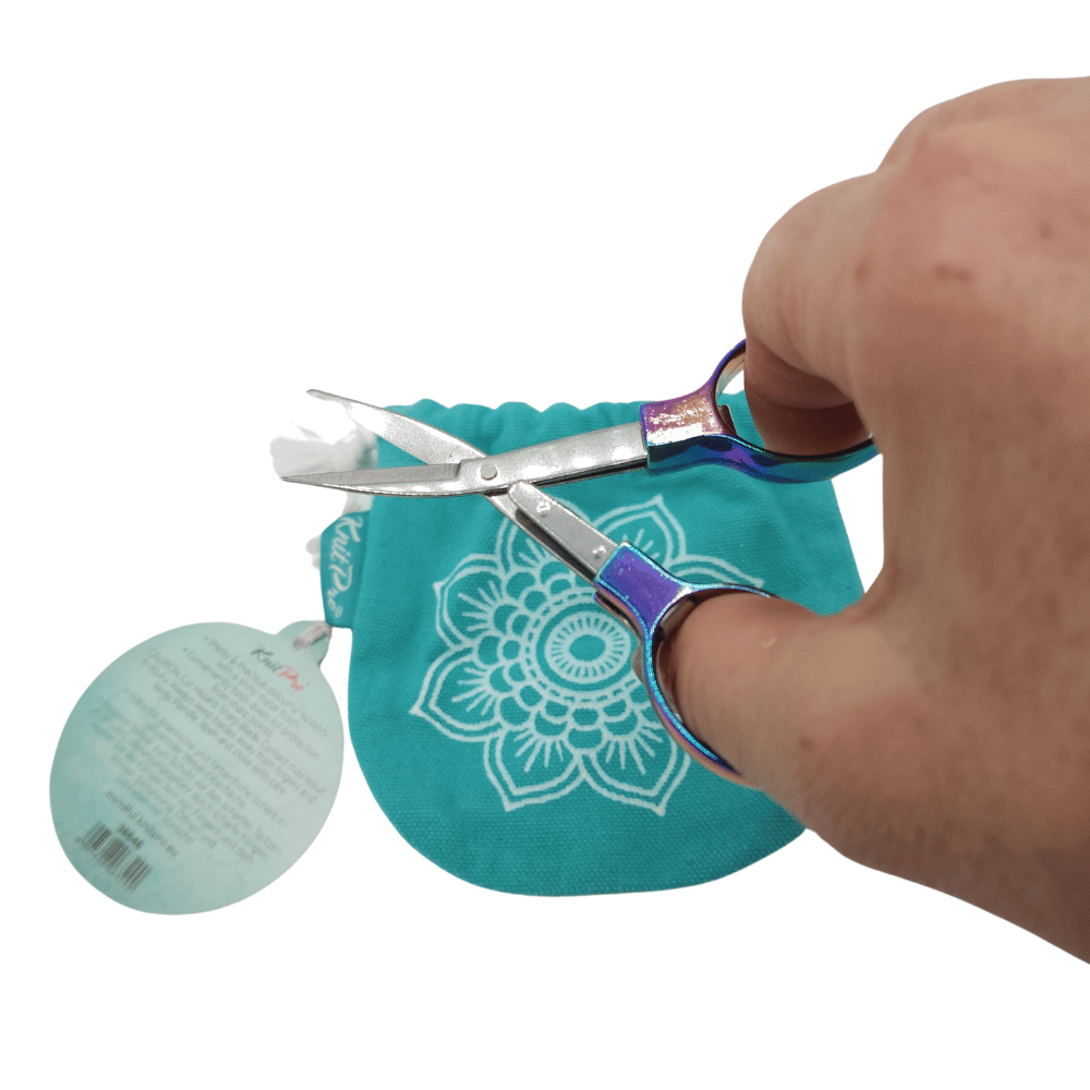 Knitpro folding scissors on their own fabric bag and with hand to show how they fit
