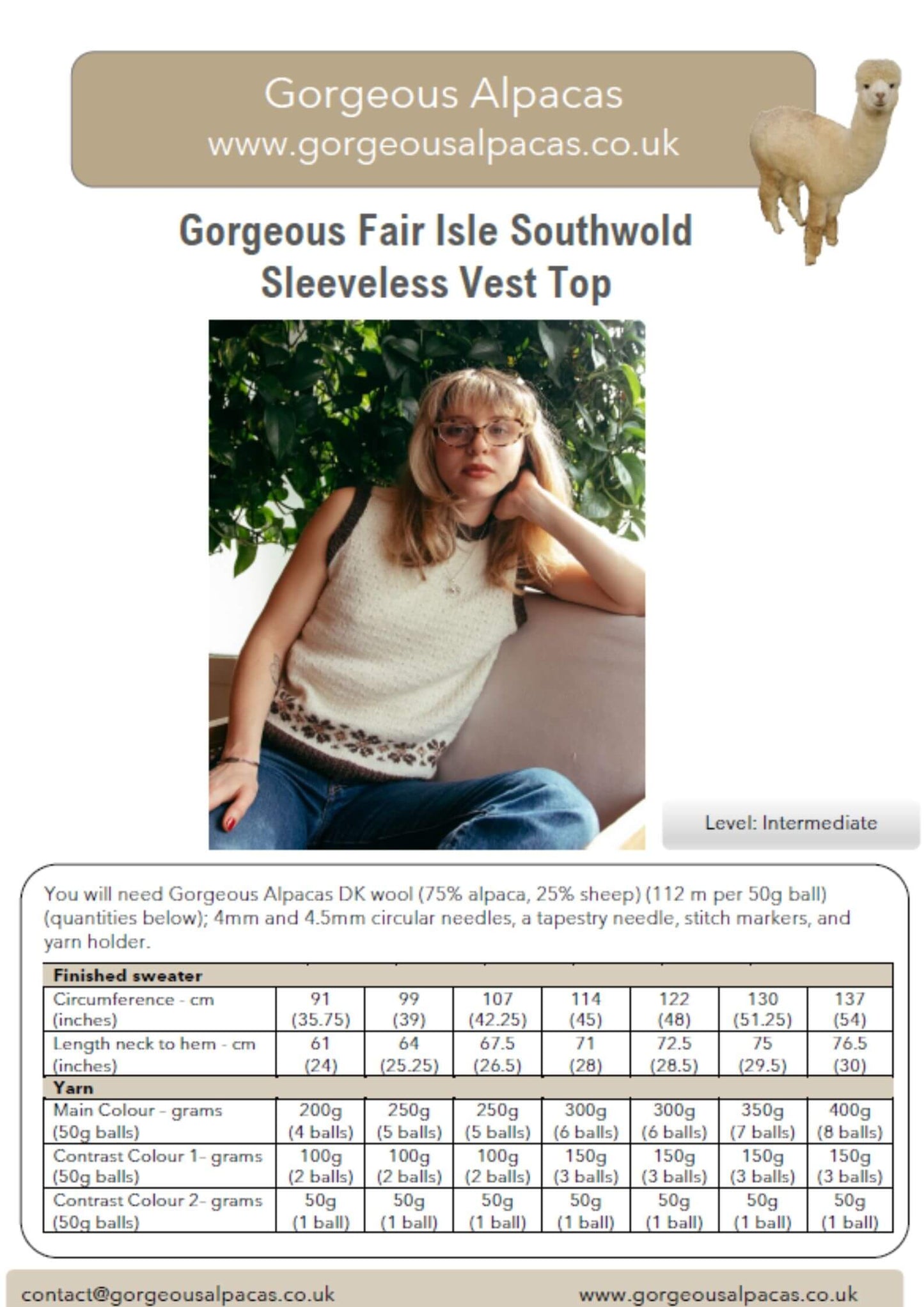 Pattern cover showing Kiki wearing the Southwold Fair Isle sleeveless vest available as a digital pattern or a knit kit which includes the softest alpaca yarn from British & Irish alpaca farms