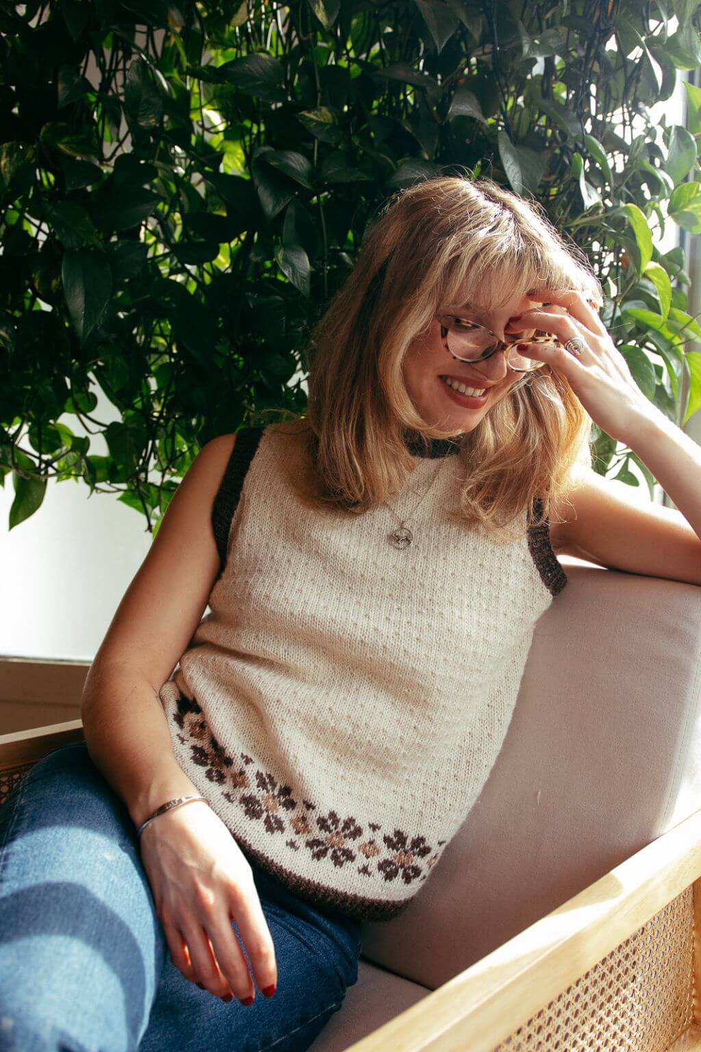 Kiki wearing the Southwold Fair Isle made with Gorgeous alpaca wool from British and Irish farms