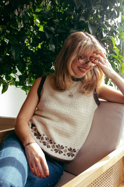 Kiki wearing the Southwold Fair Isle made with Gorgeous alpaca wool from British and Irish farms