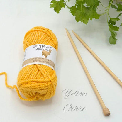 Chunky alpaca yarn from British & Irish alpaca farms shown here in Yellow Ochre
