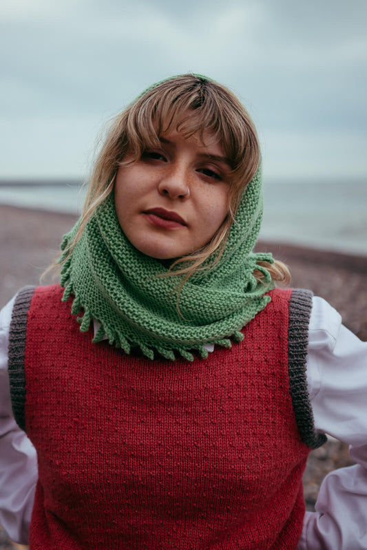 Kiki wearing our Restful Picot Shawl knitted in Jade alpaca wool from British and Irish farms