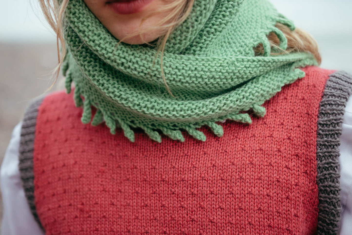 Close-up of the Restful Picot Shawl knitted in Jade alpaca wool from British and Irish farms