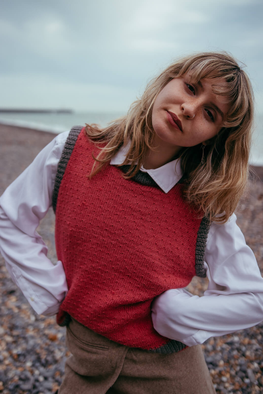 Kiki wearing Gorgeous Alpaca Southwold Sleeveless Sweater available as  a digital download pattern or as a knit kit complete with the softest British & Irish alpaca wool.