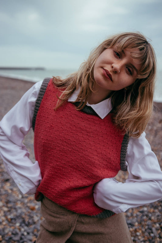 Knitting kit for this sleeveless sweater with a simple pattern detail, using Gorgeous Alpacas alpaca wool - this example in Rose Pink and Grey