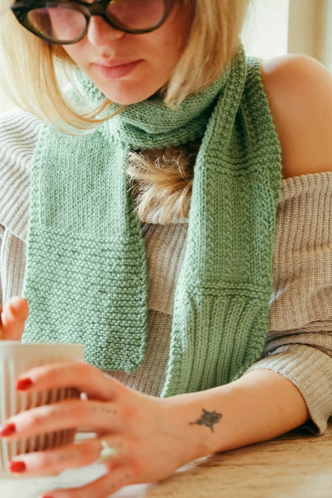 Skinny sampler scarf digital knitting pattern using DK wool.