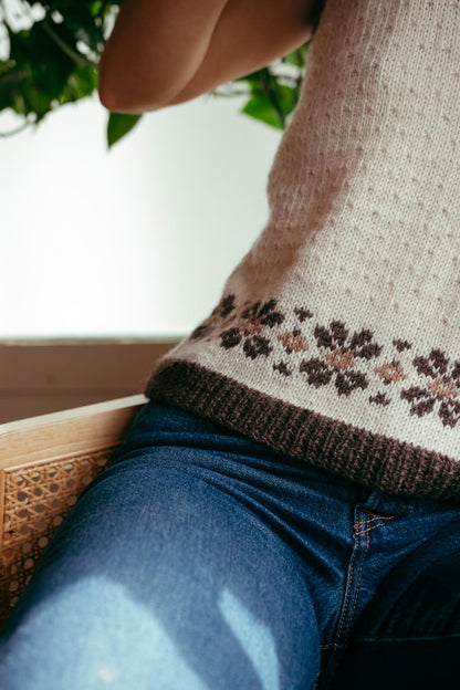 Close-up of the Fair Isle work on the Southwold Fair Isle sleeveless vest available as a digital pattern or a knit kit which includes the softest alpaca yarn from British & Irish alpaca farms